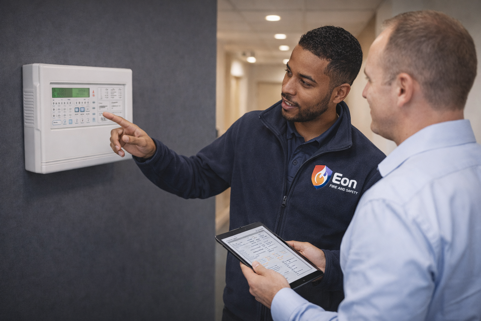 Two men discussing fire safety