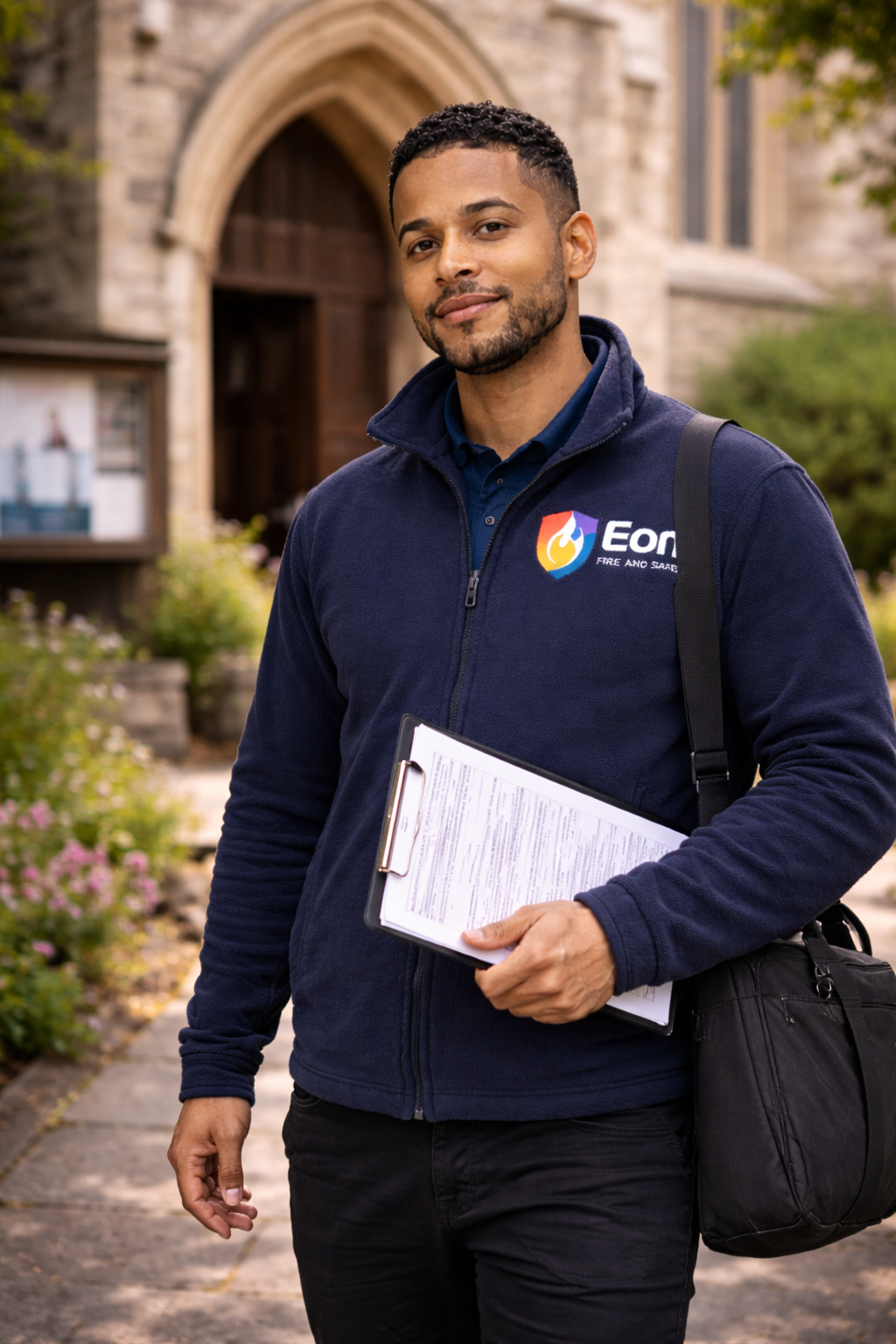 Man standing outside of a church ready for a fire risk assessment