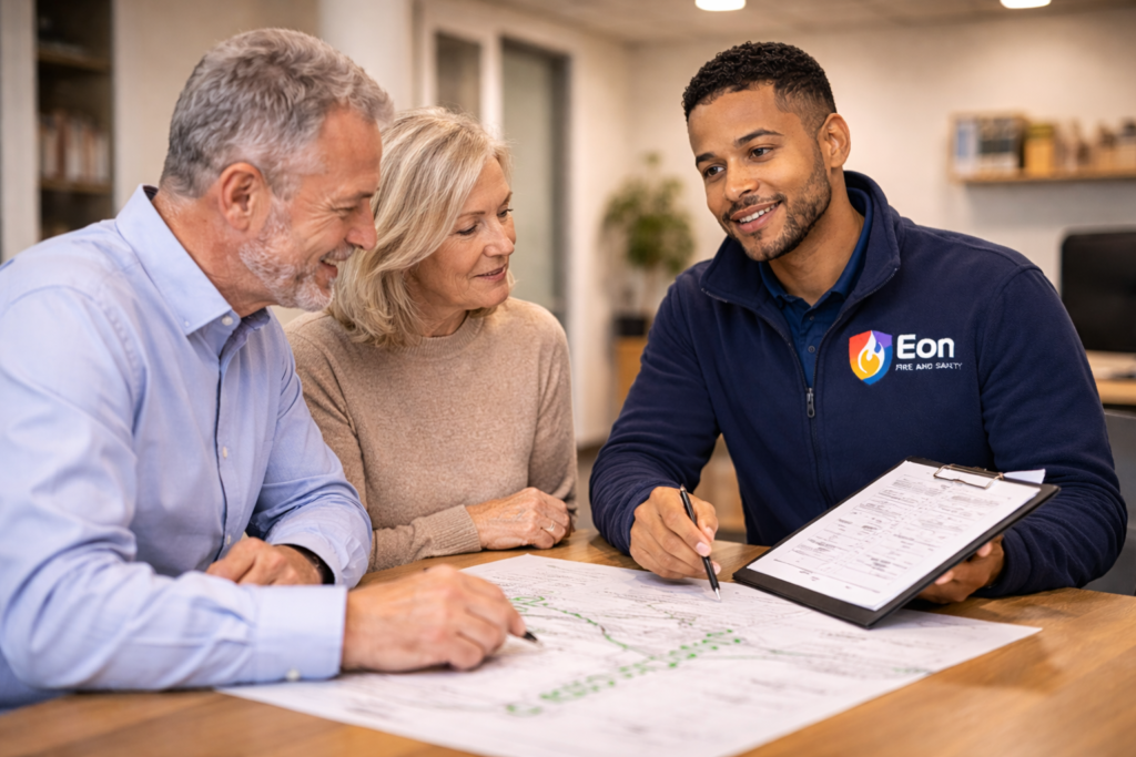 Fire risk assessor talking to clients