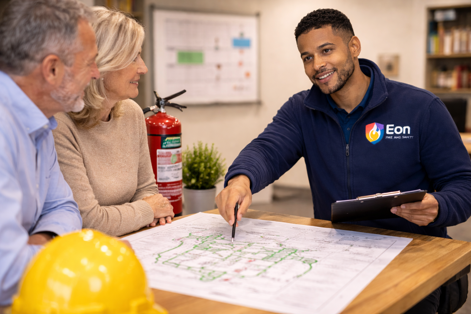 Man doing fire safety consultancy with two clients