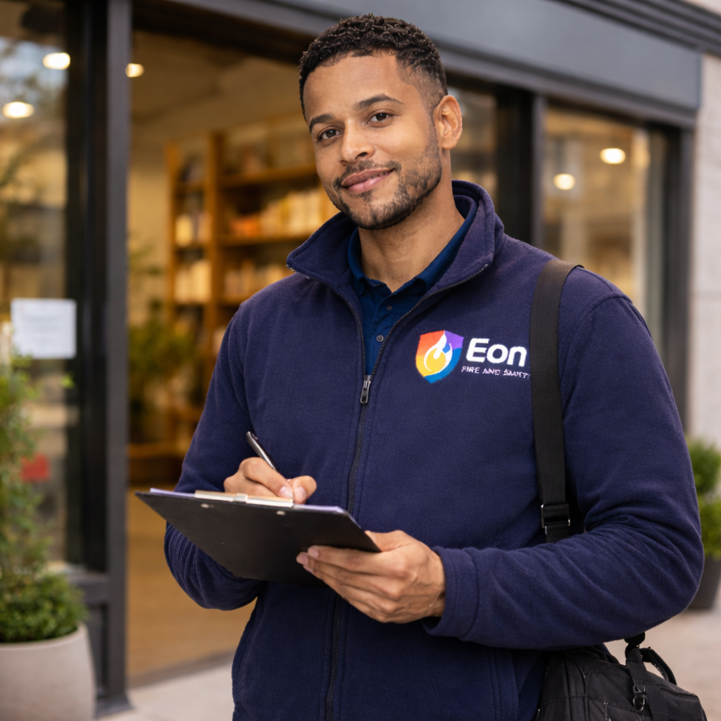 Man standing with a clipboard outside a shop
