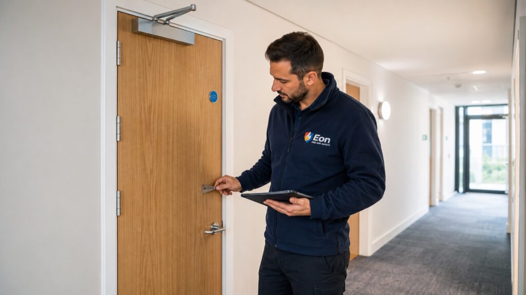 Eon Fire and Safety inspector measuring a fire door gap during a competent inspection