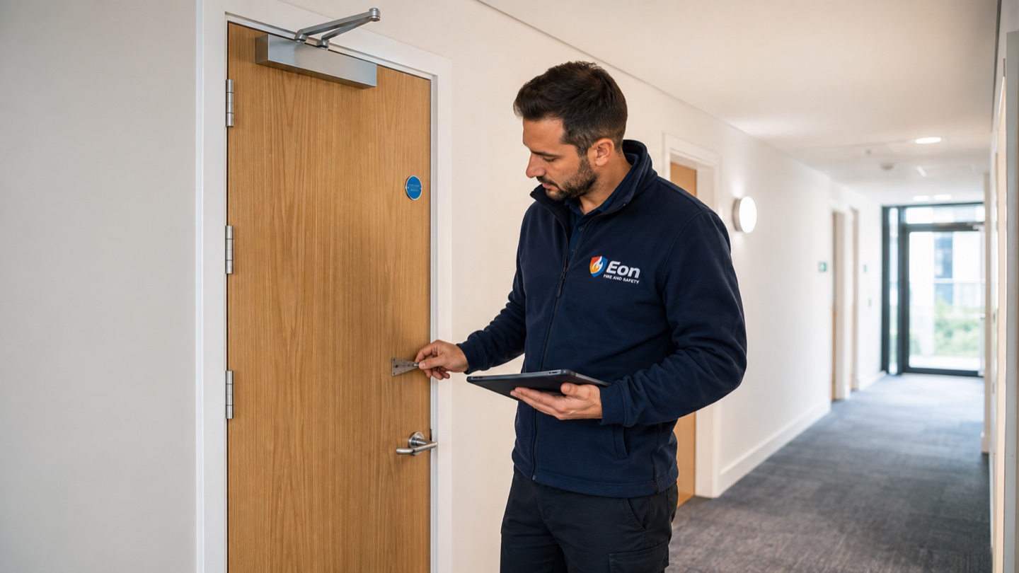 Eon Fire and Safety inspector measuring a fire door gap during a competent inspection