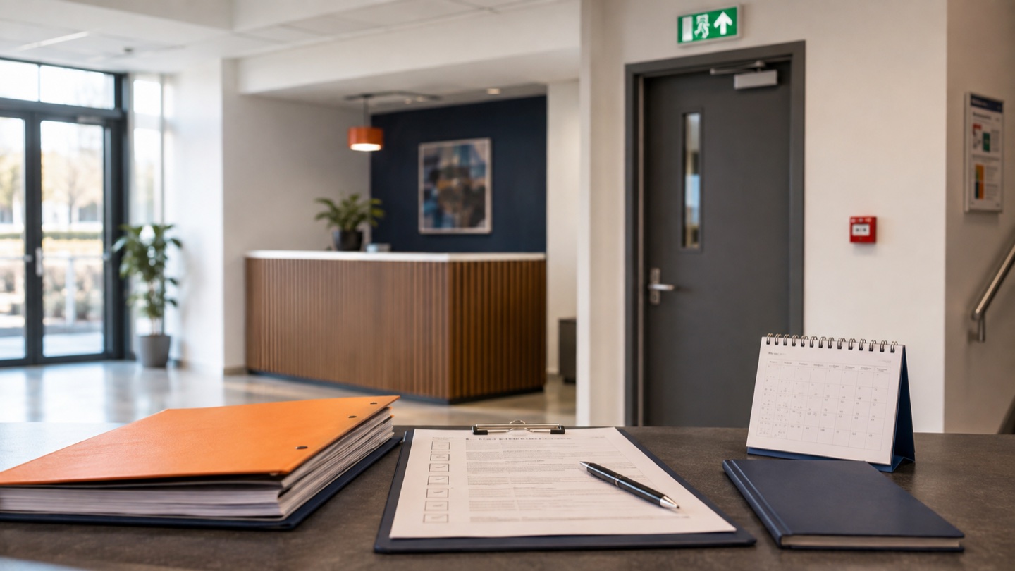 Fire risk assessment documents and a calendar in a managed commercial building