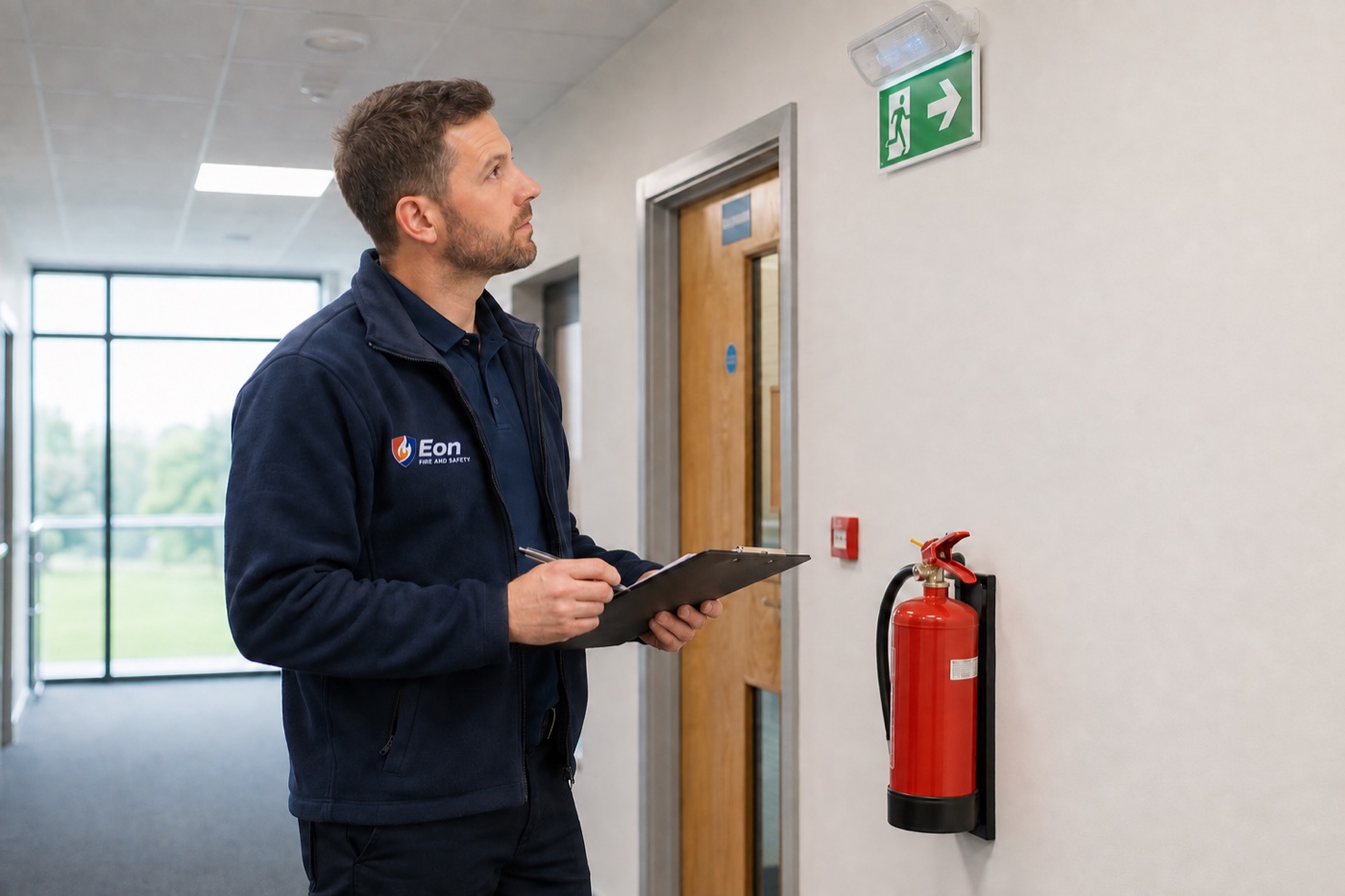 Eon Fire and Safety inspector in branded uniform checking an exit sign and fire extinguisher
