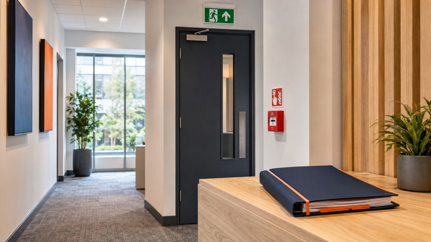 Fire door, alarm call point and emergency exit sign in a managed building