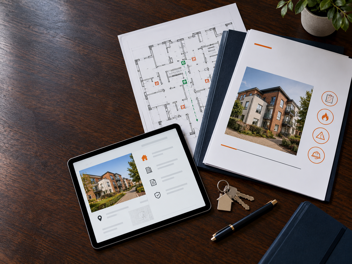 Fire safety referral documents, floor plan and property report arranged on a desk